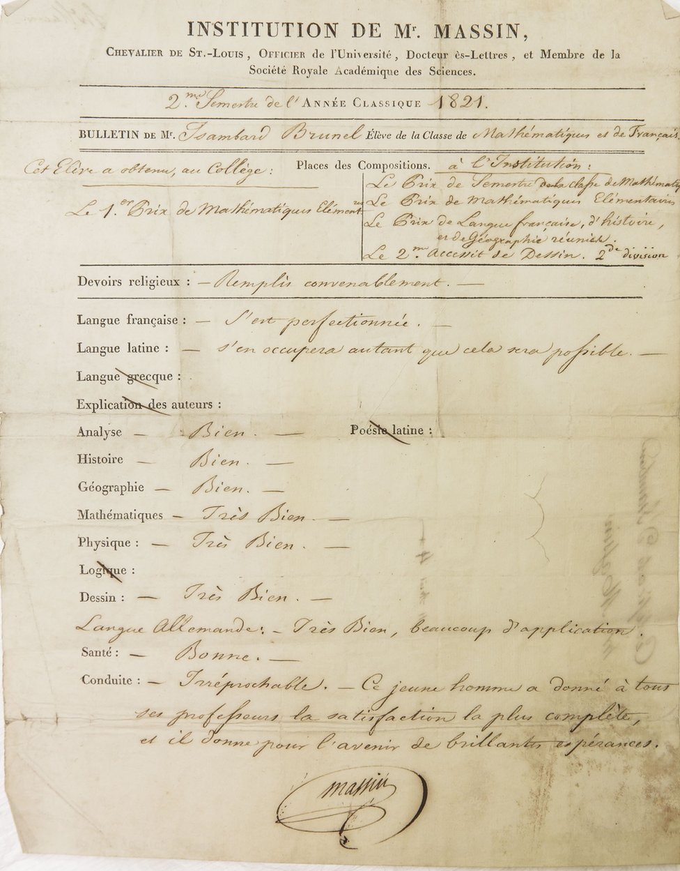 Expediente escolar de la Institución Massin de Isambard Kingdom Brunel de 1821.