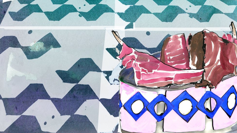 Illustration depicting a dog bowl and meat