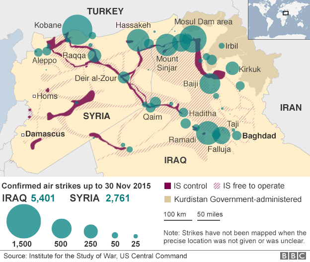 Map showing air strikes in Iraq and Syria