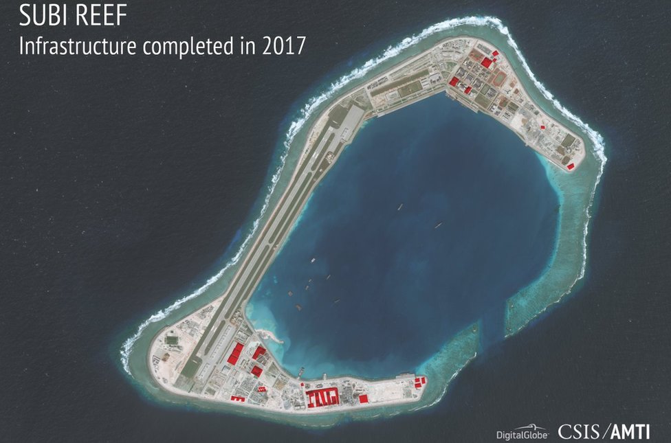 Imagen satelital de las construcciones militares de China en 2017 sobre el arrecife de Suby. (Foto: Iniciativa de Transparencia Marítima de Asia del CSIS)