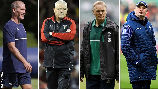 England head coach Stuart Lancaster, Wales boss Warren Gatland, Ireland counterpart Joe Schmidt and Scotland boss Vern Cotter