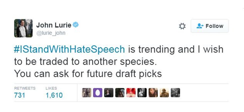 John Lurie tweet on hating the hate speech tag