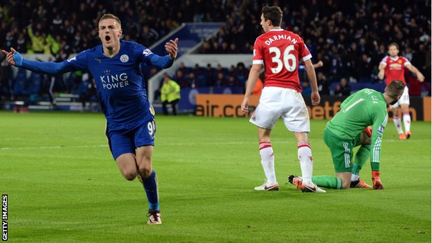 Jamie Vardy scores against Manchester United