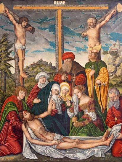 Pintura de la deposición de la Cruz en la iglesia Marienkirche del taller de Lucas Cranach (1536).