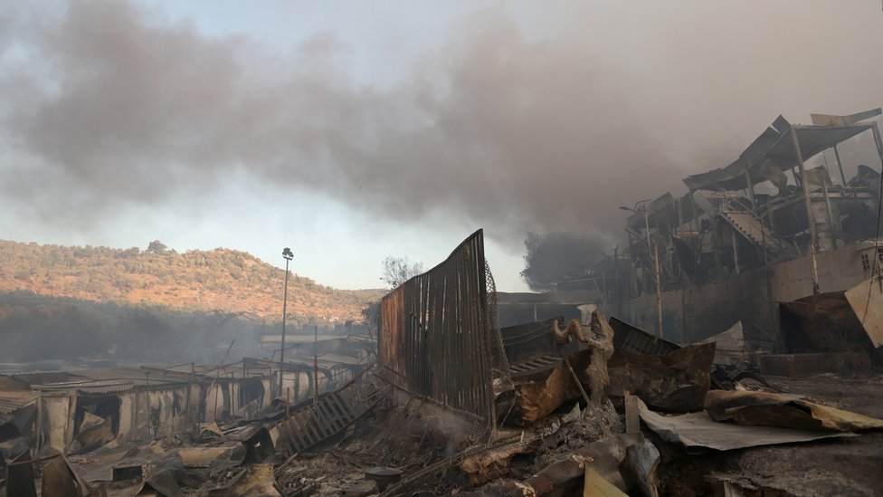 The Moria refugee camp pictured after a fire