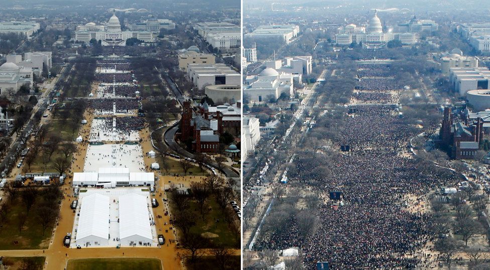 Una comparación entre la cantidad de público asistente a la toma de posesión de Trump en 2017 (izq.) y la de Barack Obama en 2009 (der.)