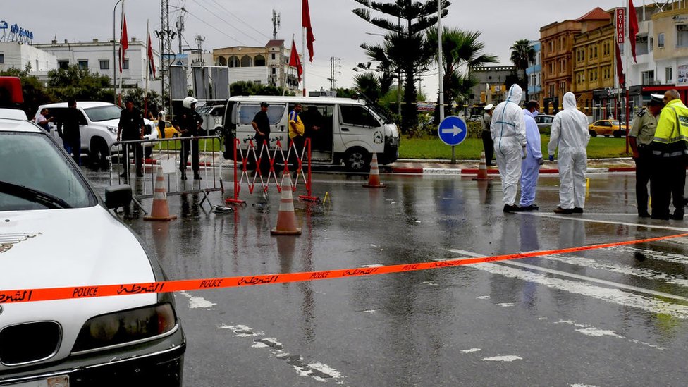 Tunisian forensic police investigate the site of an attack on Tunisian National Guard officers on September 6, 2020, in Sousse