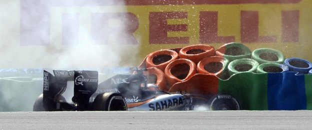 Nico Hulkenberg's front wing failed and caused the Force India to crash head first into the tyre wall
