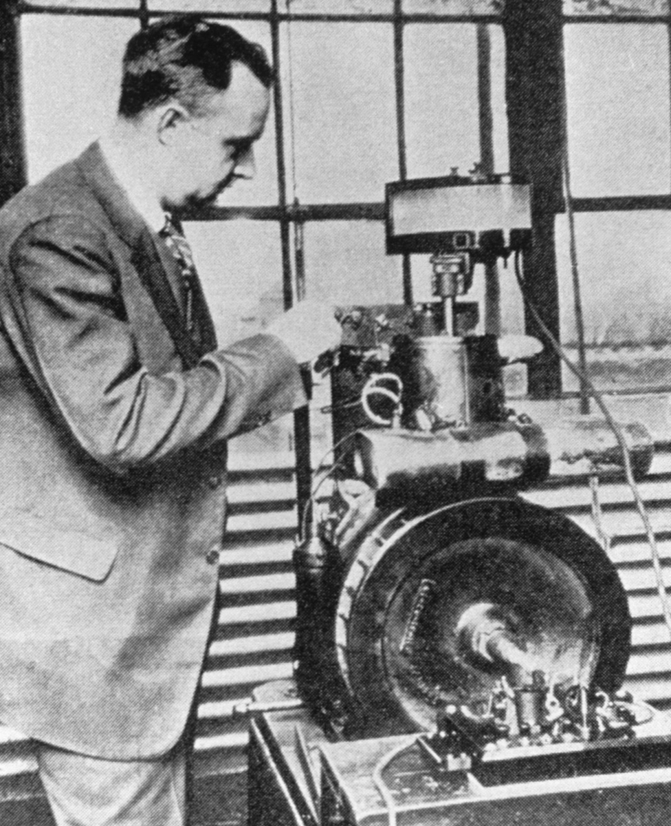 Chemist Thomas Midgley with the Delco laboratory test engine
