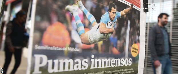 An Argentine newspaper in Buenos Aires highlights the Pumas' success on its front page
