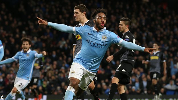 Raheem Sterling celebrates scoring against Borussia Monchengladbach