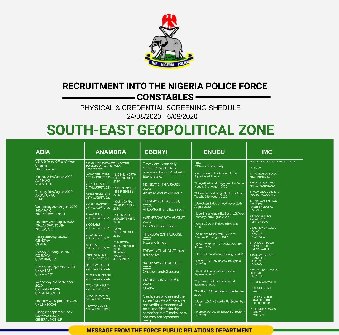 Nigeria police recruitment 2020: NPF screening 2020 update 