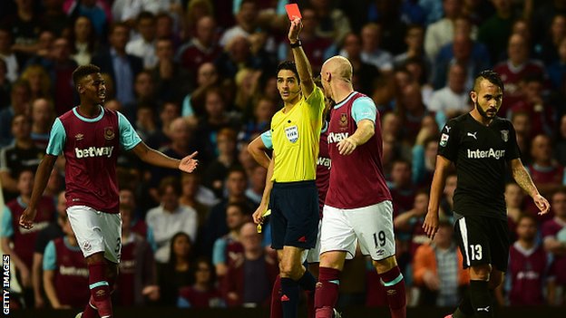 West Ham defender James Collins is sent off against Astra in the Europa League