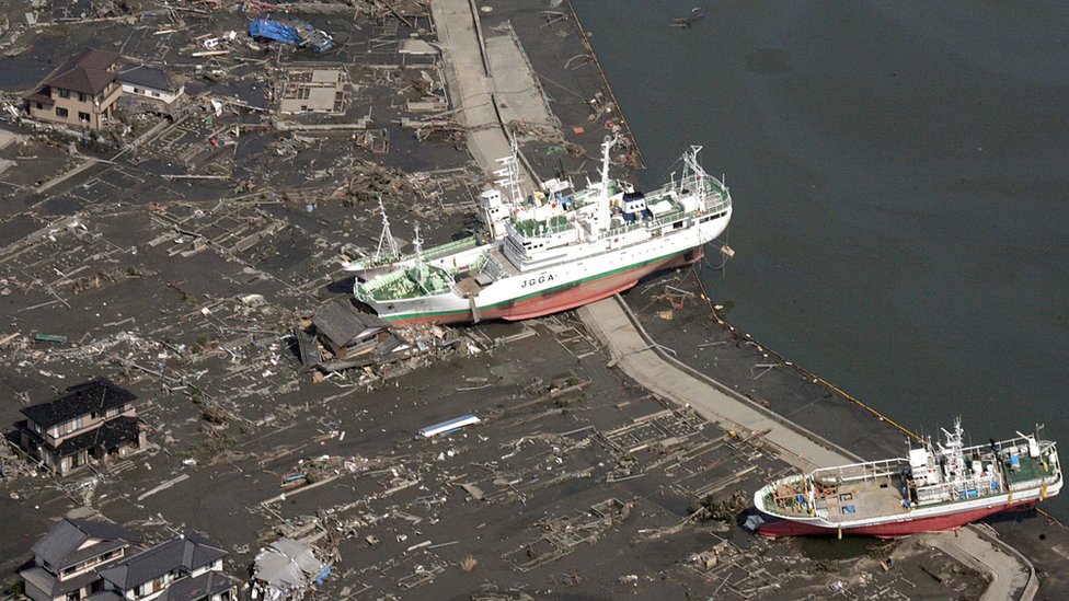 Ships washed ashore near Sendai in Miyagi prefecture, Japan, after the Fukushima earthquake and tsunami, 2011