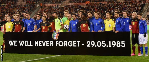 A banner at the game between Belgium and italy remembering those who lost their lives in the Heysel Stadium disaster
