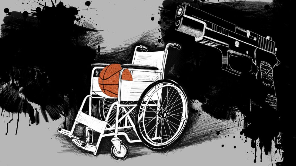 Ilustración de una silla ruedas con un balón de baloncesto