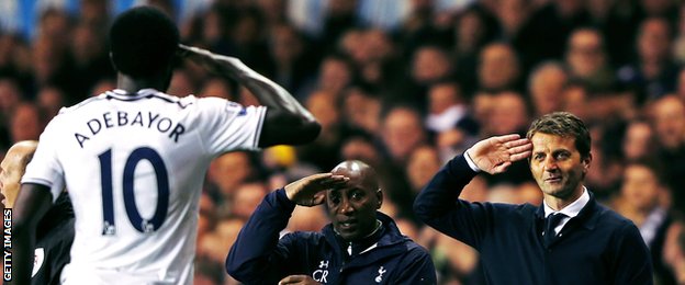 Emmanuel Adebayor salutes Tim Sherwood height=260
