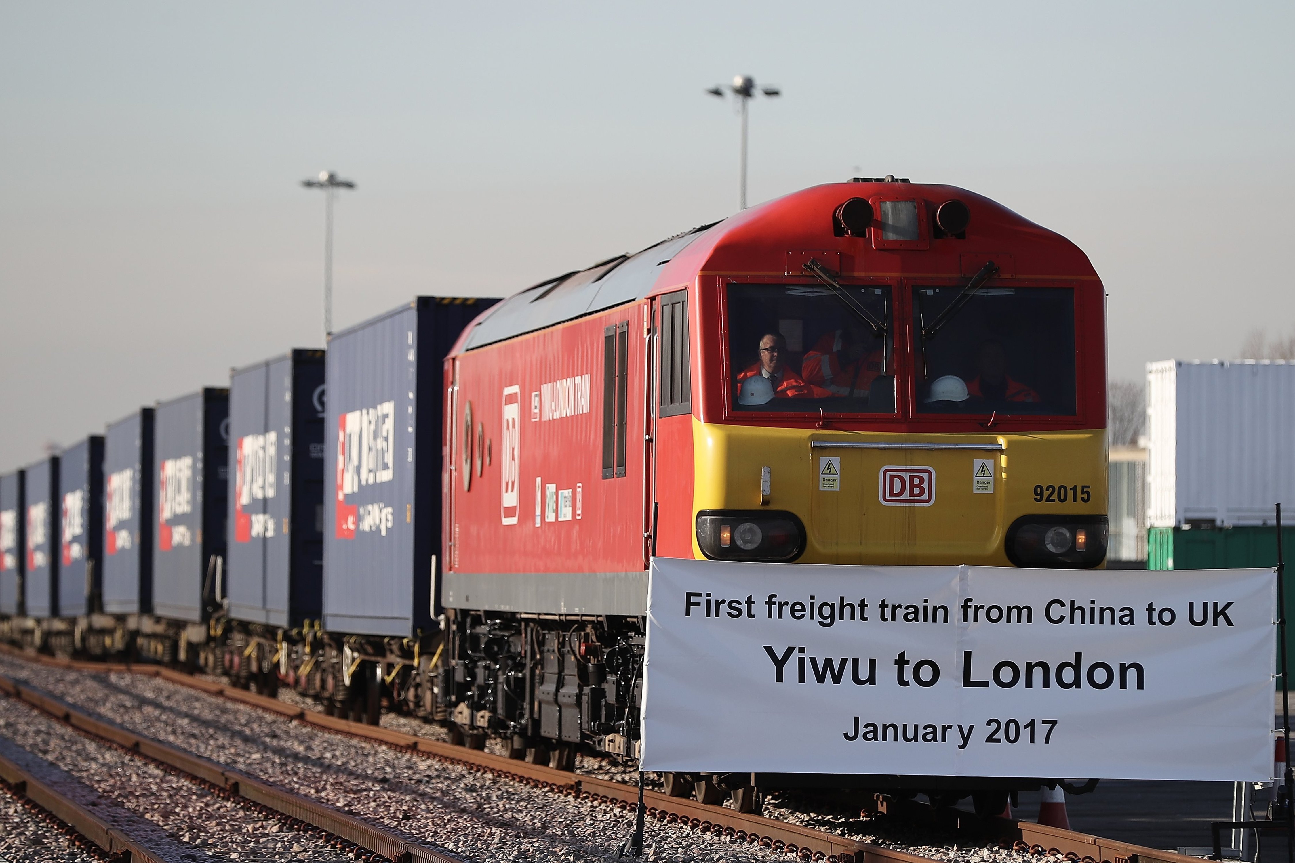 A train engine pulls carriages that started their Journey in Yiwu in China into Barking rail freight terminal on January 18, 2017 in Barking, England.