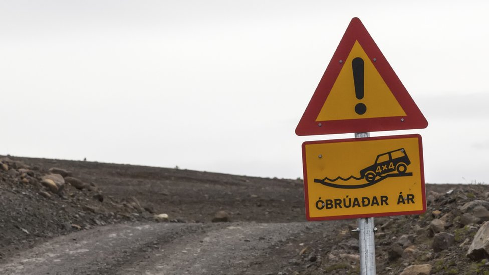 An Icelandic road sign marking a ford crossing a river