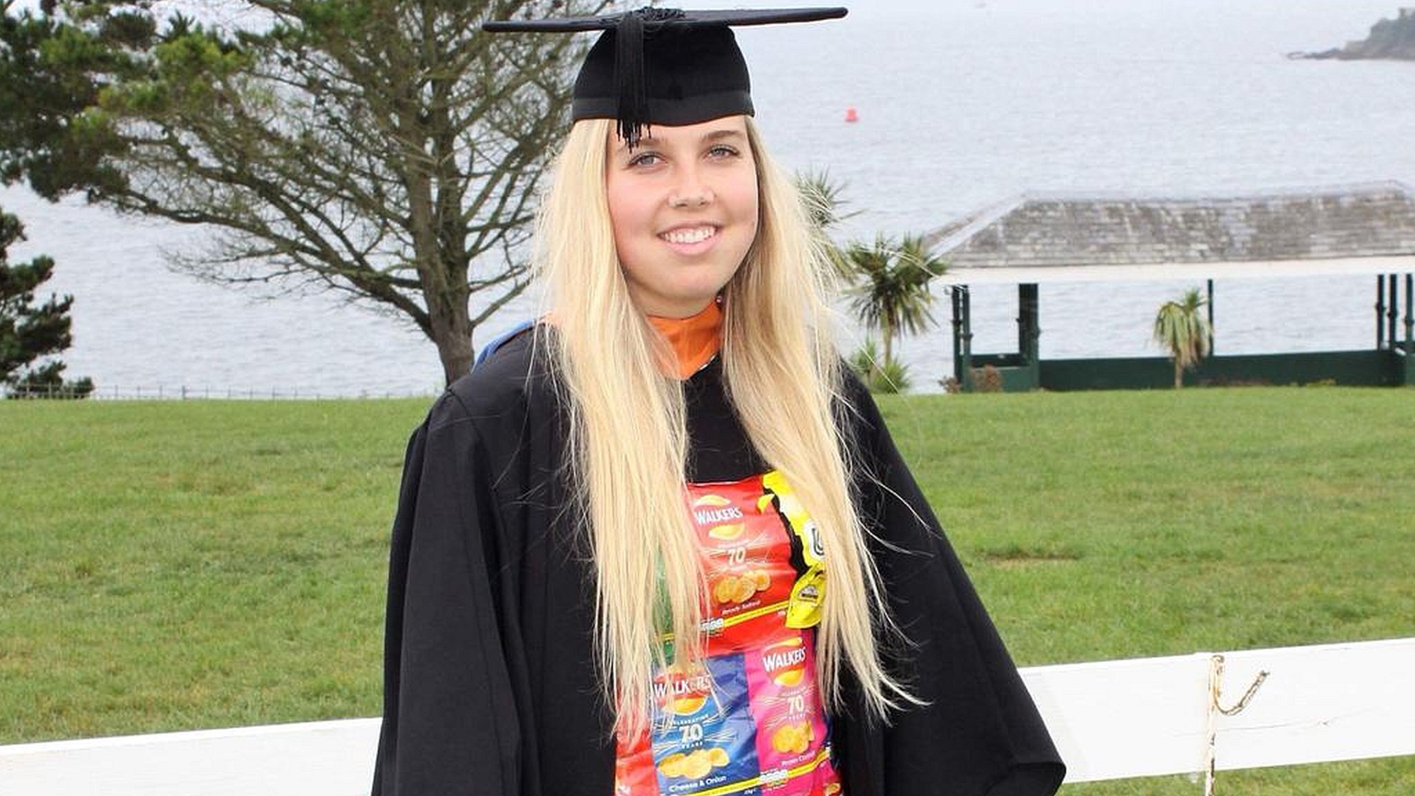 Crisp packet graduation gown worn in Walkers recycling protest