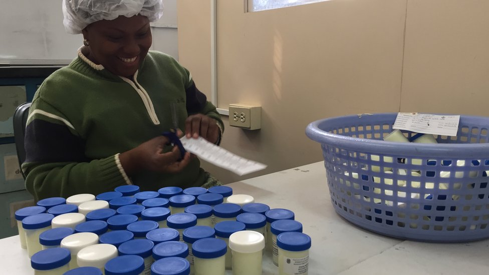 Una empleada de la Facultad de Farmacia etiqueta envases