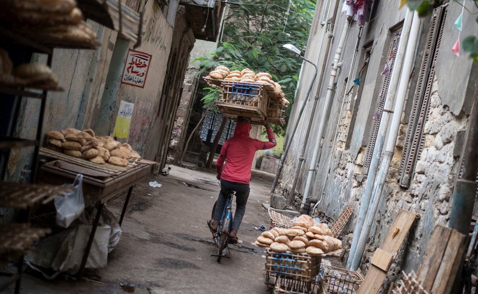 سائق دراجة هوائية يحمل فوق رأسه رفا خشبيا مليئا بقطع الخبز (العيش باللهجة المصرية) ويوزعها في القاهرة.