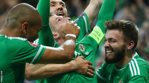 Northern Ireland celebrate a goal in their 3-0 win over Greece