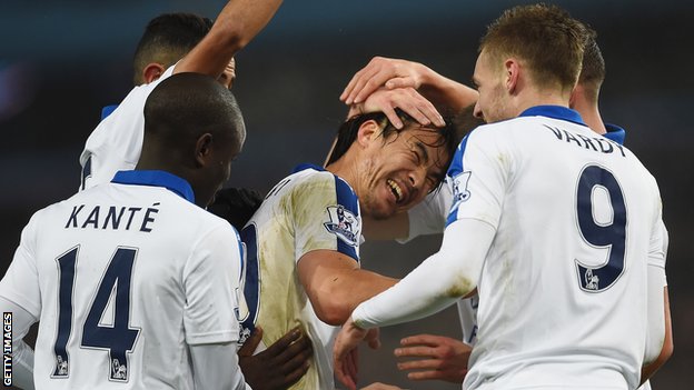 Shinji Okazaki is congratulated after scoring Leicester's opener against Aston Villa