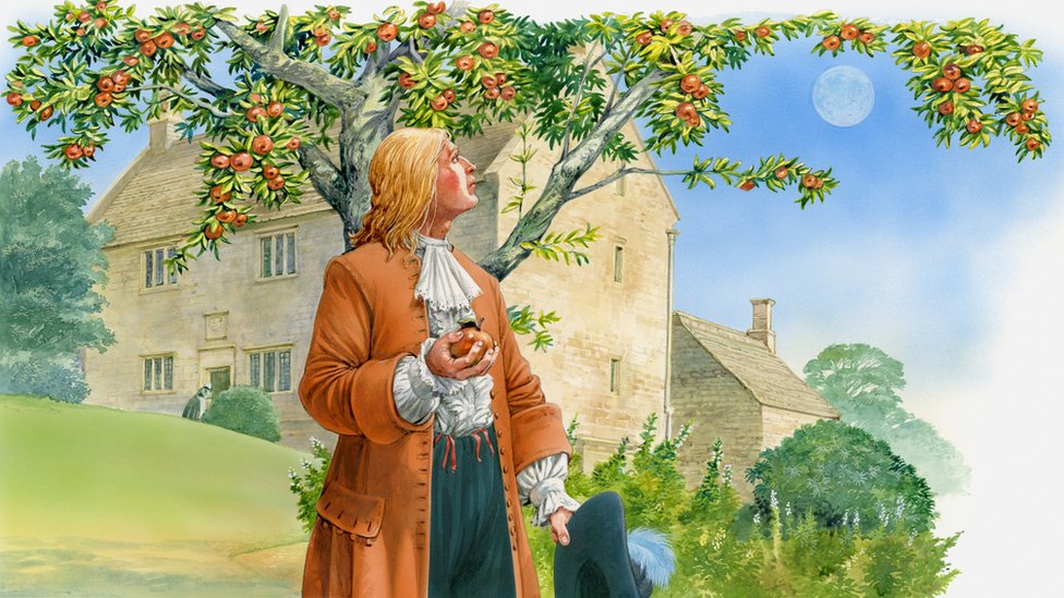 Isaac Newton en su jardín con manzana
