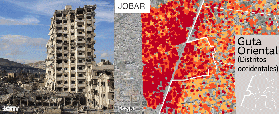 Mapa muestra el daño en Jobar, Guta Oriental