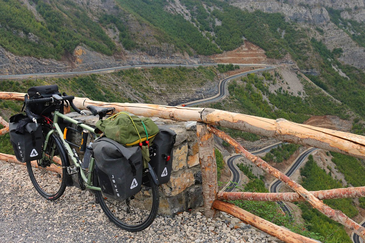 Rebecca Lowe's bike on the Montenegro-Albania border