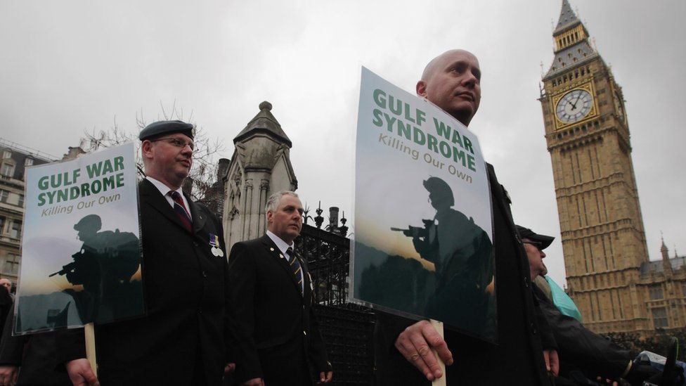 Gulf War veterans march past the Houses of Parliament during a protest to mark the 20th anniversary of the end of the Gulf War on February 28, 2011 in London, England. The protest aimed to highlight former military personnel still suffering with Gulf War Syndrome and demand proper testing, treatment and compensation.