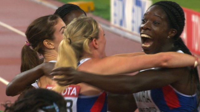 The British quartet celebrate claiming 4x400m bronze at the World Championships