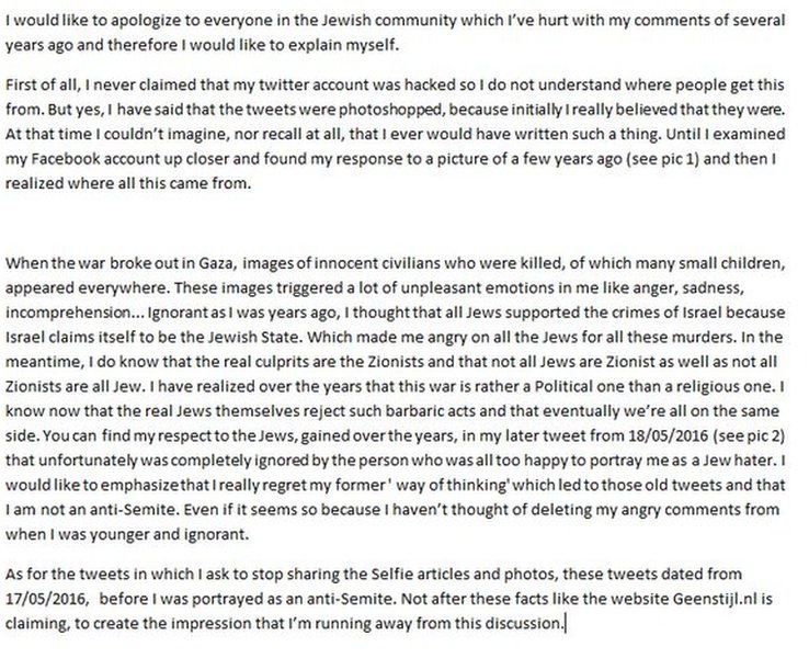 Statement apologising to the Jewish community.