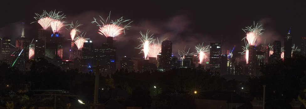 A general view on fireworks from Ruckers Hill in Northcote during New Year's Eve celebrations in Melbourne, Australia, 01 January 2018.
