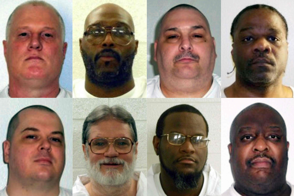 Estas fotos proporcionadas por el departamento correccional de Arkansas muestran, de arriba a abajo y de izquierda a derecha, a: Don William Davis, Stacey Eugene Johnson, Jack Harold Jones and Ledelle Lee; Jason F. McGehee, Bruce Earl Ward, Kenneth D. Williams y Marcel W. Williams.