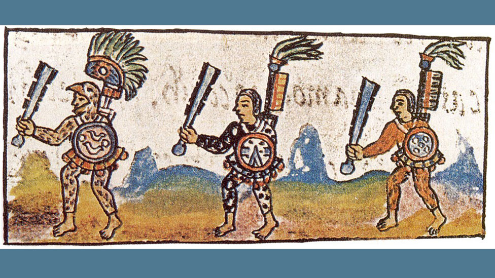 Guerreros aztecas como se muestra en el Códice Florentino del siglo XVI (Vol. IX). Cada guerrero está blandiendo un maquahuitl.