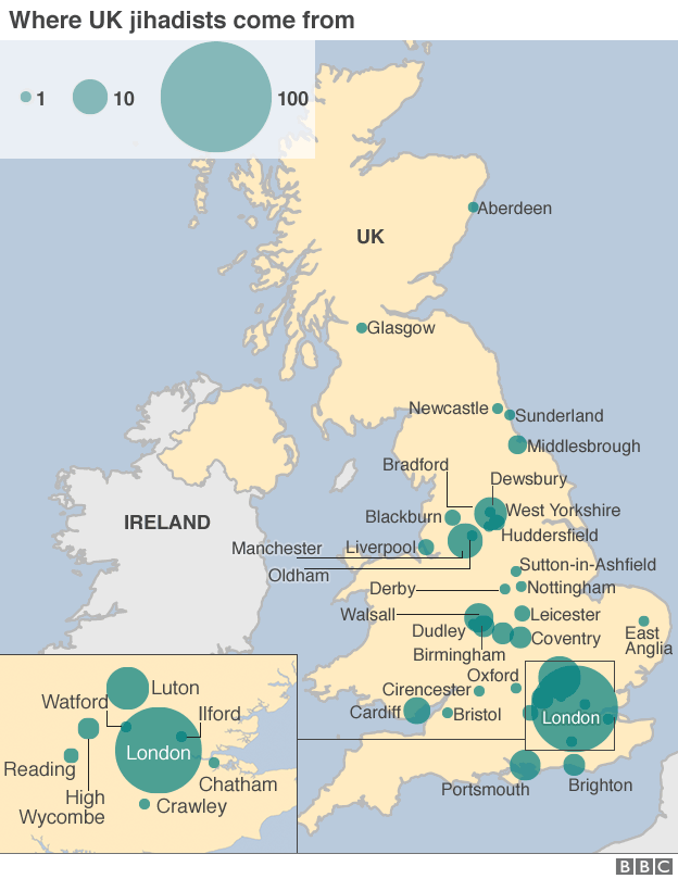 This map shows the hometowns of those believed to have travelled to Syria or Iraq to fight with or support jihadist groups and those convicted of offences relating to the conflict