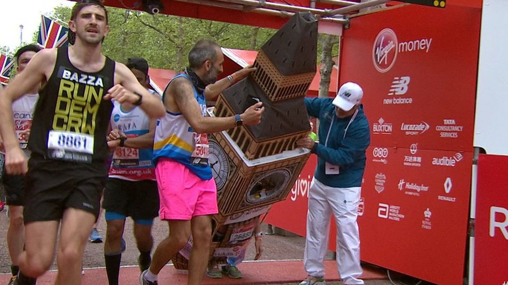 London Marathon: Big Ben runner gets stuck at finish line