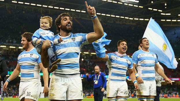 Argentina players celebrate victory over Ireland in the 2015 Rugby World Cup quarter-final