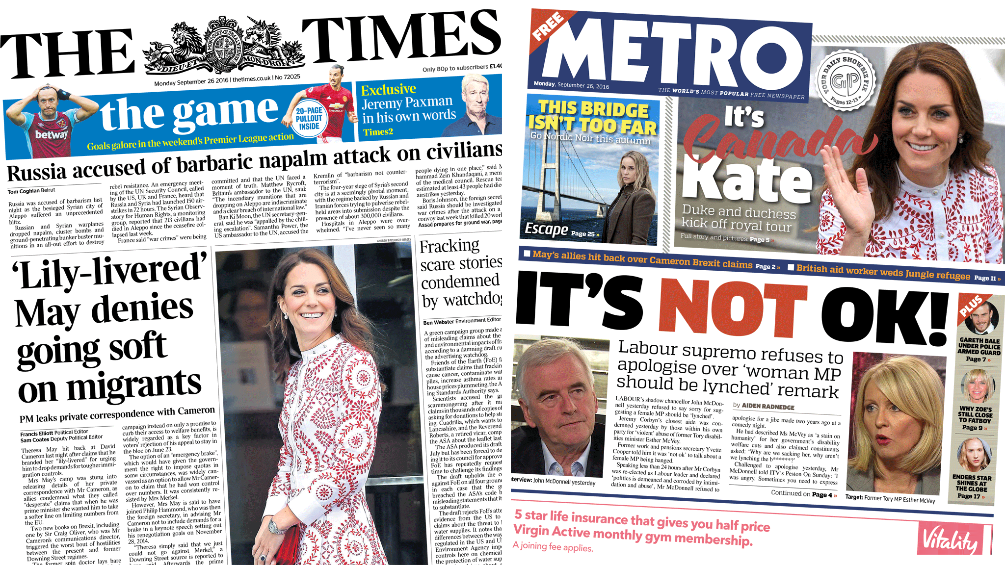 Newspaper Front Pages: Brexit Rows And Rumours And 'Canada Kate'