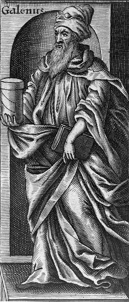Grabado anónimo del siglo XVII que representa a Galeno sosteniendo un libro y un frasco con ungüento. (Foto: Welcome Images vía Wikimedia Commons)