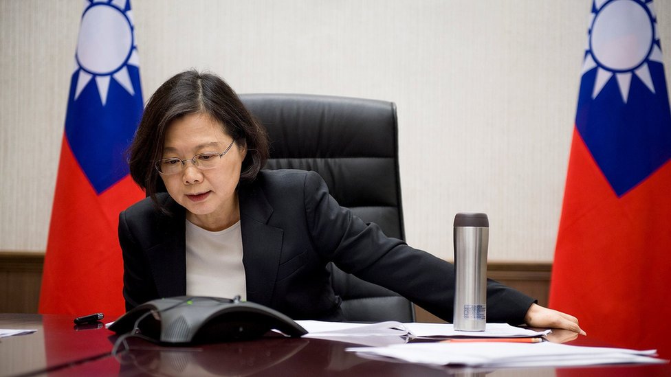 Taiwan"s President Tsai Ing-wen speaks on the phone with U.S. president-elect Donald Trump at her office in Taipei, Taiwan, in this handout photo made available December 3, 2016.