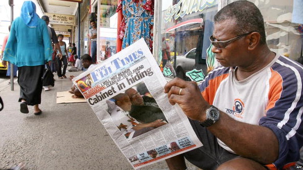 The front page of a daily newspaper reports on the political siutation in Fiji following the coup in 2006.