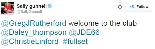 Linford Christie tweet congratulating Greg Rutherford