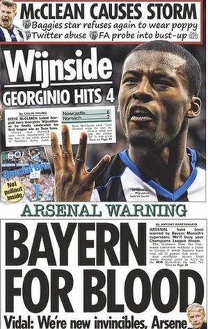 Monday's Sun newspaper leads with a story on Bayern Munich and how they expect to beat Arsenal in the Champions League this week