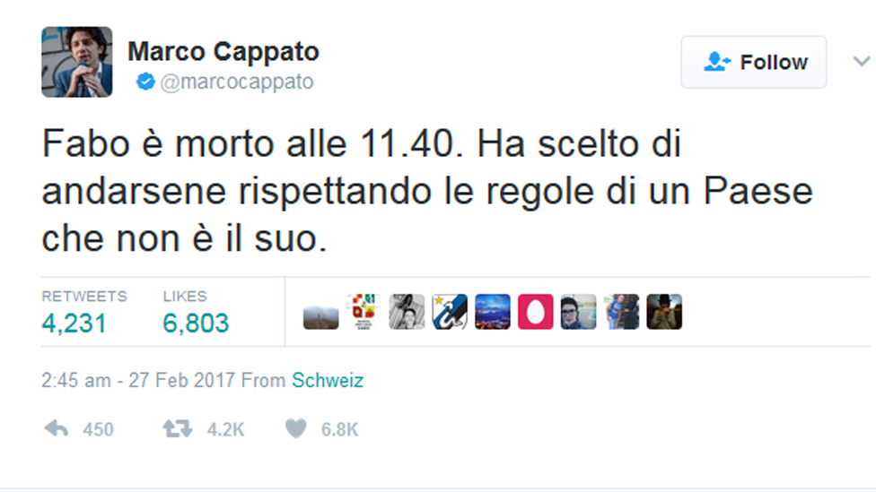Tweet from the account of Marco Cappato