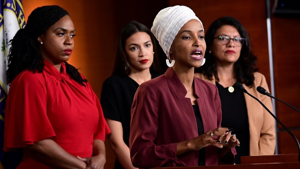 Ayanna Pressley (D-MA), Ilhan Omar (D-MN), Alexandria Ocasio-Cortez (D-NY) and Rashida Tlaib hold a news conference after Democrats in the U.S. Congress moved to formally condemn President Donald Trump"s attacks on the four minority congresswomen on Capitol Hill in Washington, U.S., July 15, 2019.