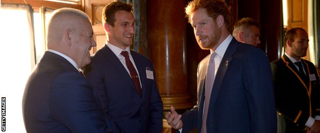 Prince Harry with Wales captain Sam Warburton and head coach Warren Gatland