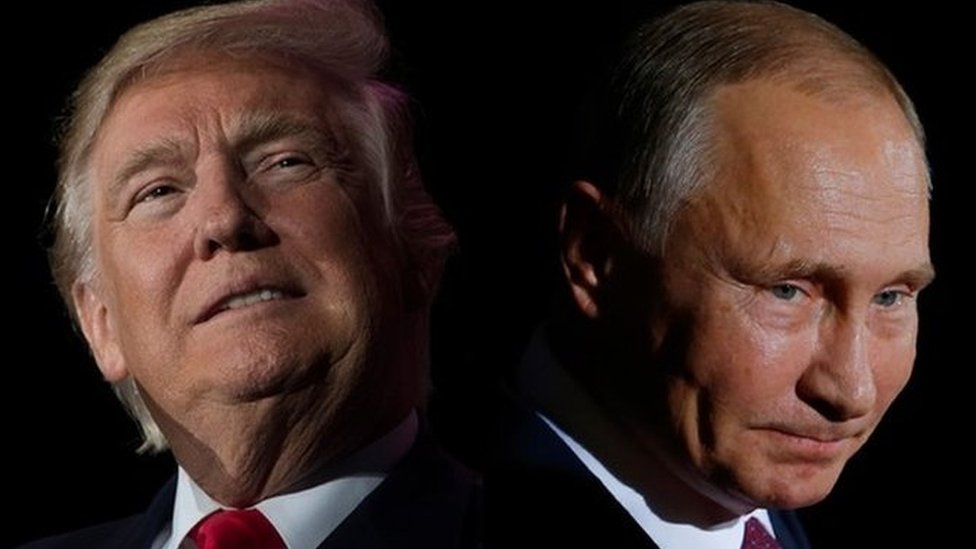 Composite picture of US President Donald Trump on 16 December 2016 in Orlando, Florida) and Russian President Vladimir Putin on 19 October 19 2016 in Berlin